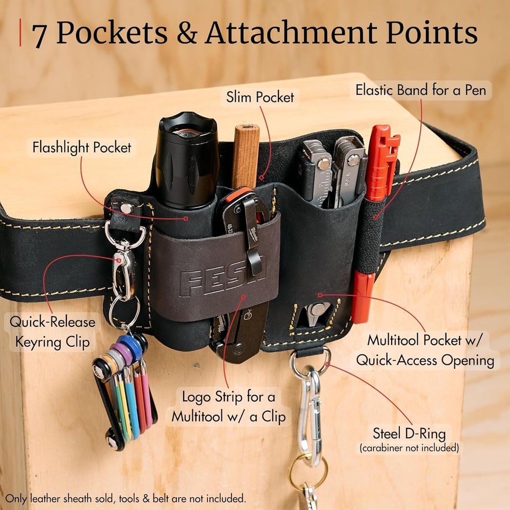 Leather Multitool Sheath Belt EDC Pouch Organizer Tactical Pocket Flashlight Pen