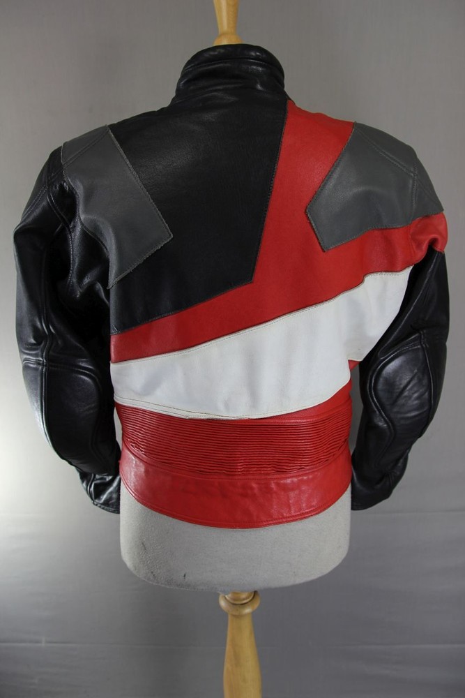 MQP BLACK, RED, WHITE & GREY LEATHER BIKER JACKET WITH BACK PROTECTOR: 42 INCHES