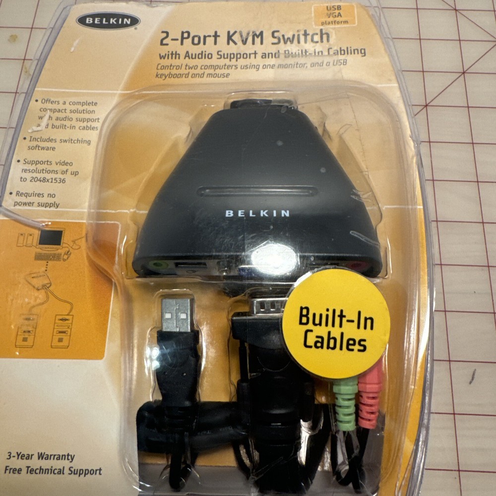 Belkin-2-Port KVW Switch with Audio Support and Built-In Cabling