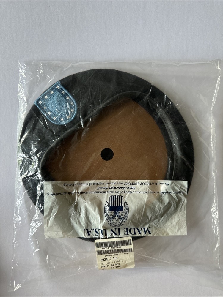 Army ASU Black Wool Beret with Blue Patch DSCP Garrison Collection Size 7 1/8