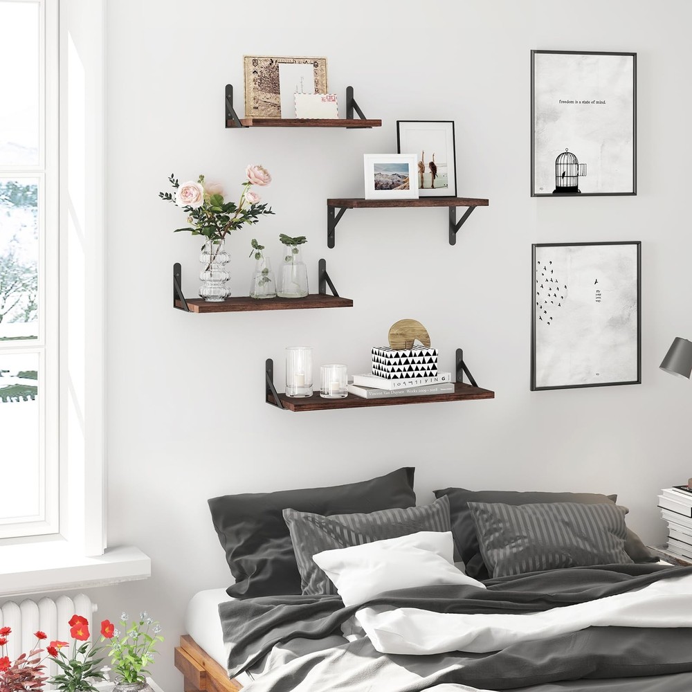 YGEOMER Floating Shelves for Wall, Different Sizes Dark Carbonized Pine Wall ...