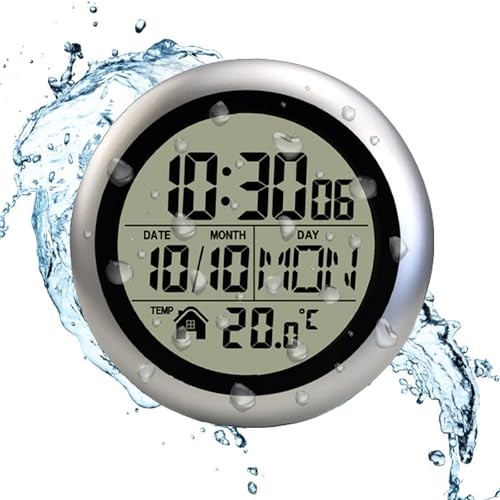 Digital Waterproof Shower Clock, Digital Wall Clock for Bathroom with Silver