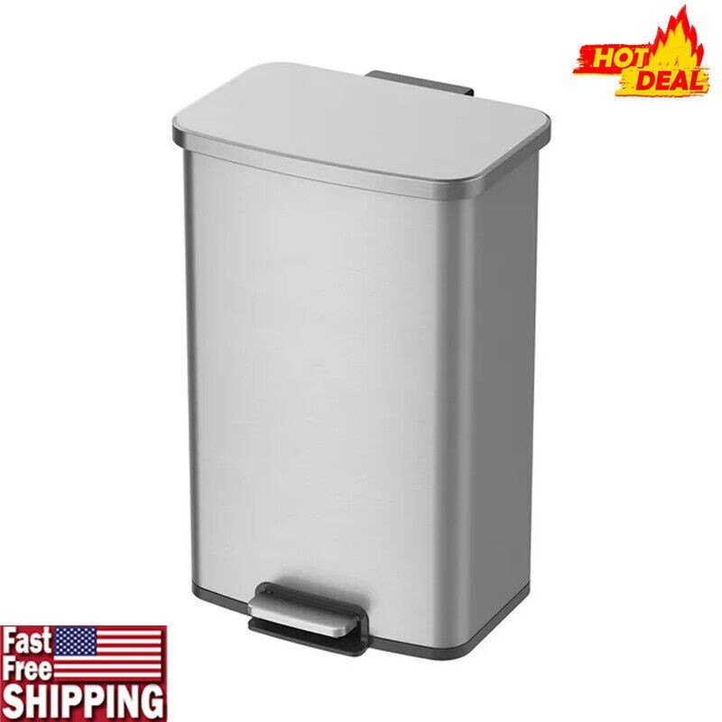 13.2 Gal Rectangular Step On Trash Garbage Can Durable Stainless Steel Kitchen