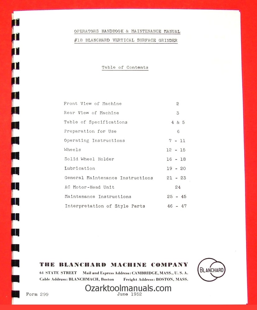 BLANCHARD 18 Surface Grinder Operators & Maintenance Manual 0783