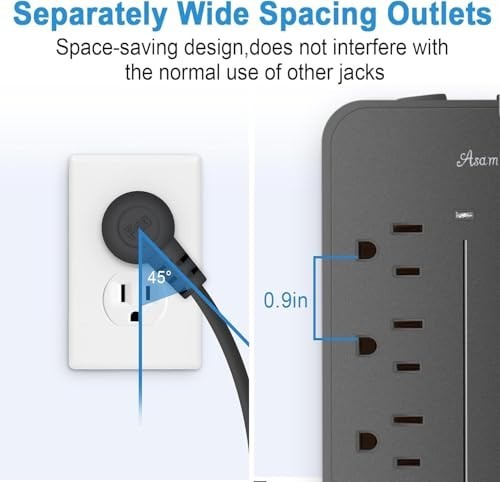 20FT Surge Protector Extension Cord with Flat Plug, 8 Outlets, 3 USB A & 1 USB-C