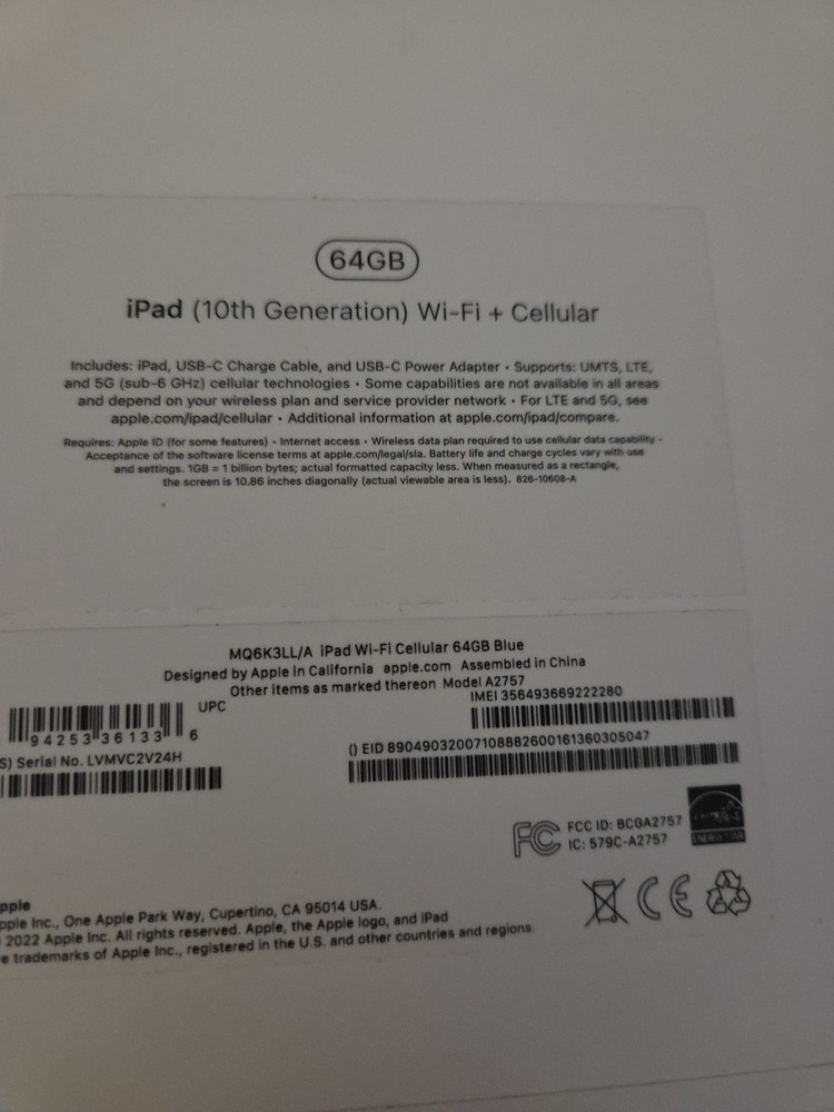 Apple iPad 10th Generation 64GB Wi-Fi Blue EMPTY BOX B73