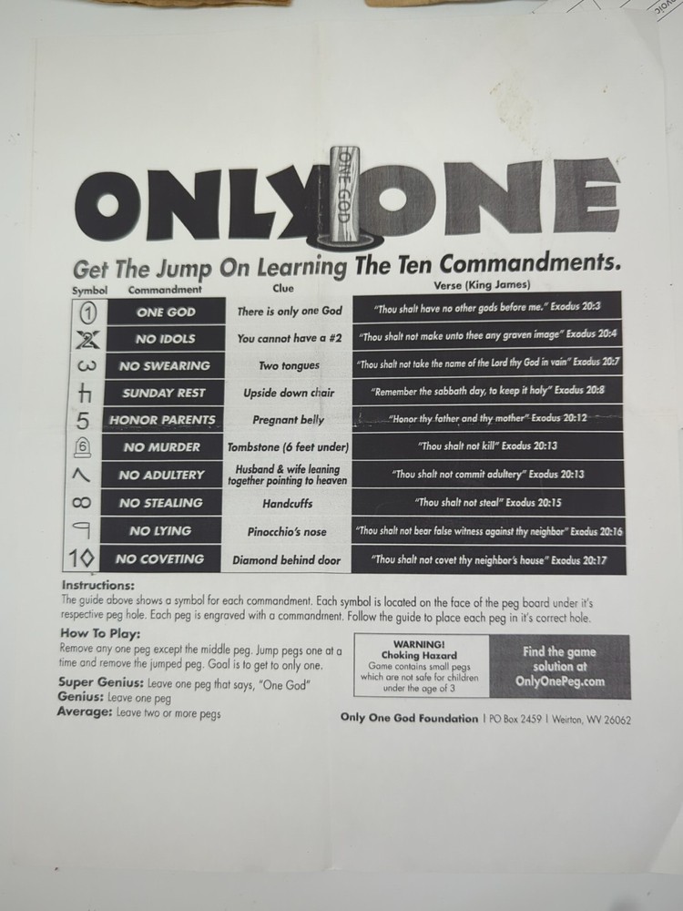 Religious - Ten Commandments PEG GAME - Only One GOD - COMPLETE - 1 Player