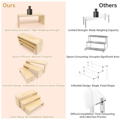 Wood Display Risers Set - 6 Pack 3-Tier Rectangular Stands for Cupcakes, Jewelry