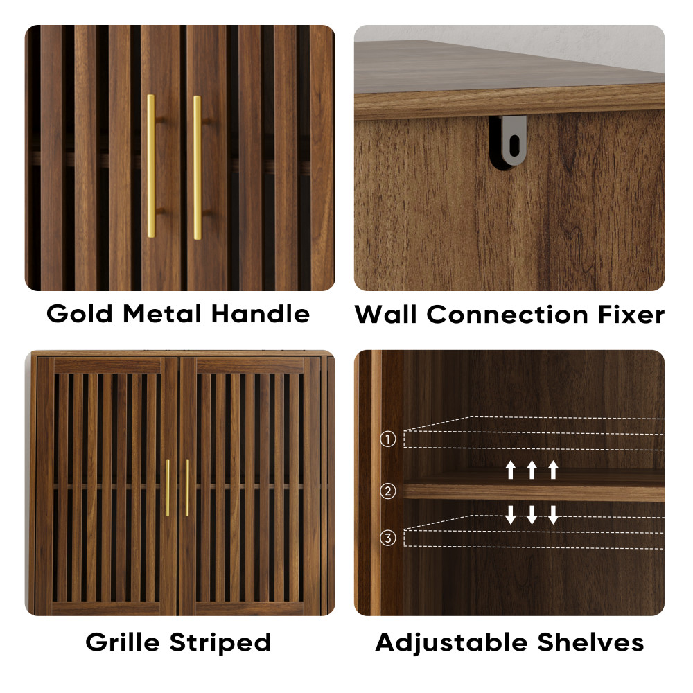 63" Walnut Sideboard Buffet Cabinet w/ 4 Doors, Adjustable Shelves