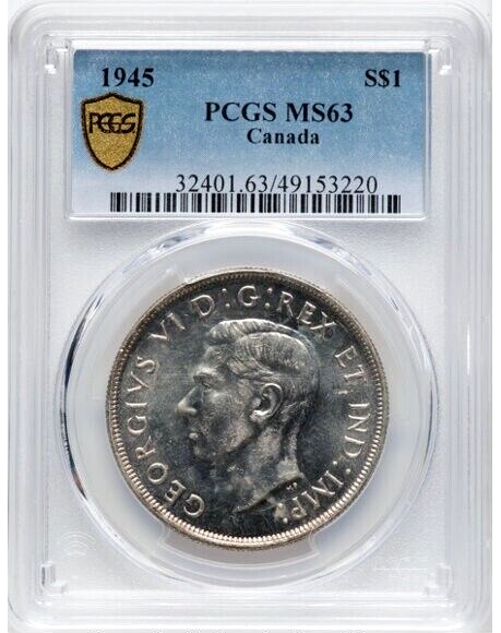 1945 CANADA SILVER DOLLAR, PCGS MS63, LOW-MINTAGE & SCARCE!