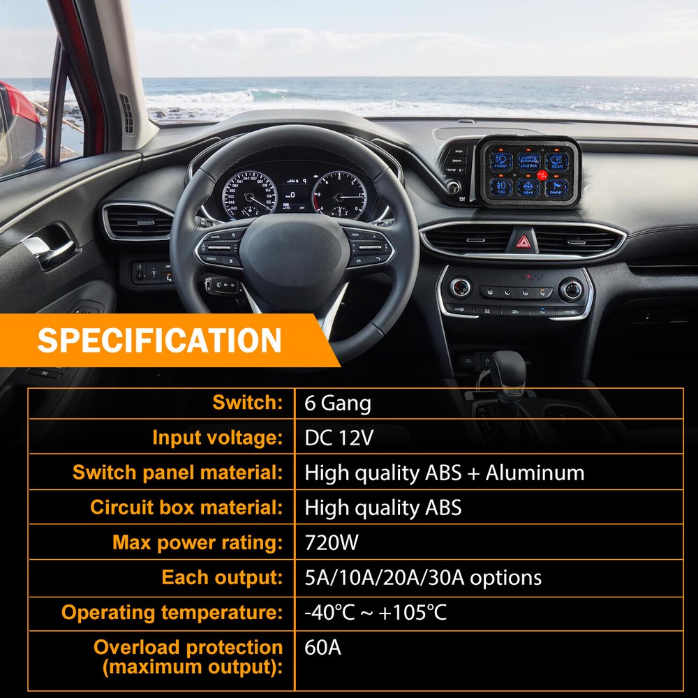 Auxbeam 6 Gang Switch Panel BC60 Universal Circuit Control Relay System Blue UTV