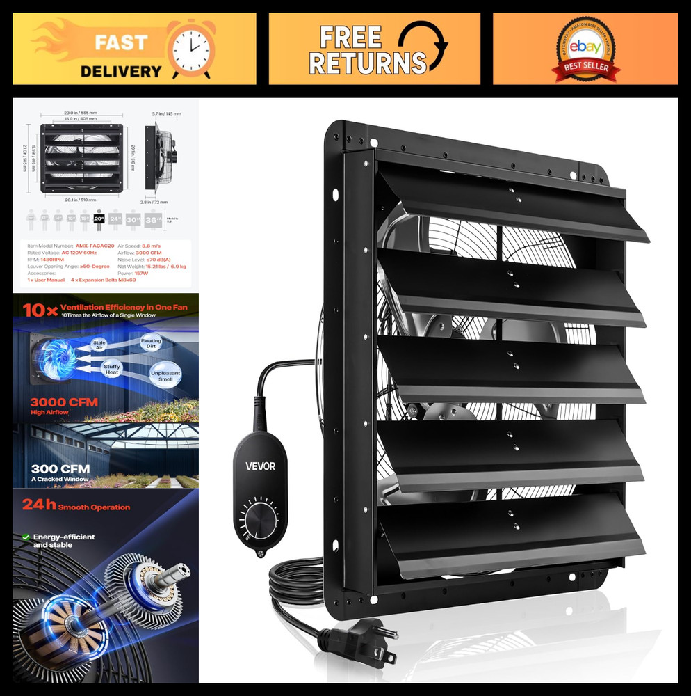 20" Wall Mounted Exhaust Fan with Variable Speed, 3000 CFM, Automatic Shutter, V