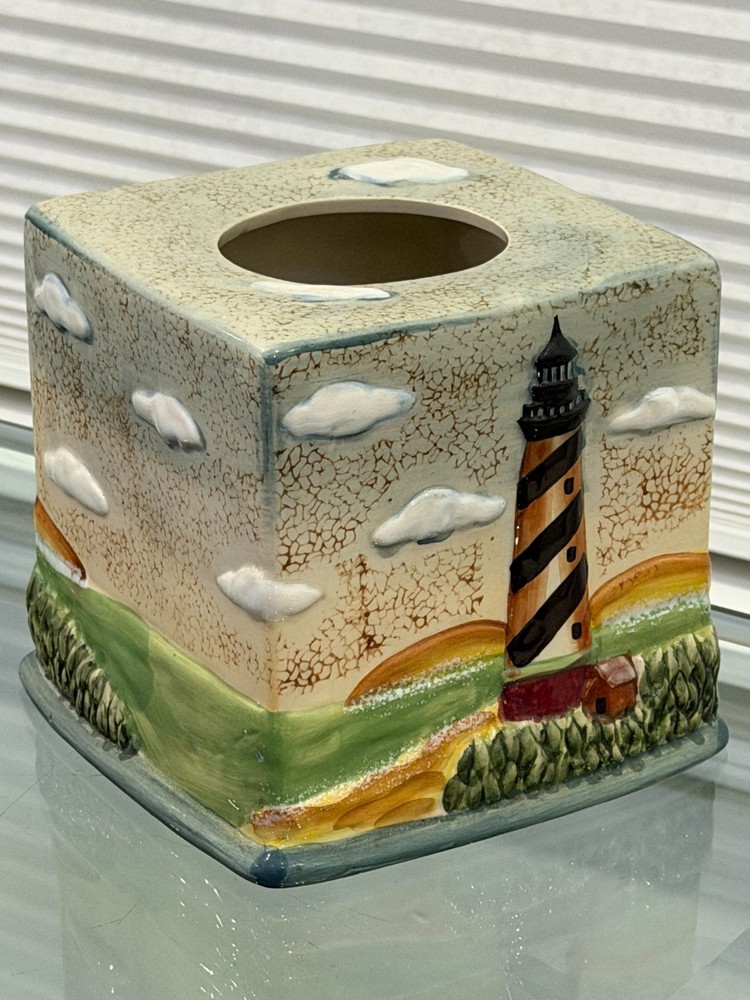 Lighthouse Tissue Box Cover Ceramic 3D Beach Nautical Coastal