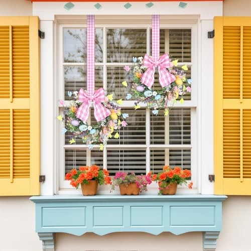 2 Pcs 9'' Mini Easter Wreath for Front Door Easter Eggs Easter Cabinet Wreath