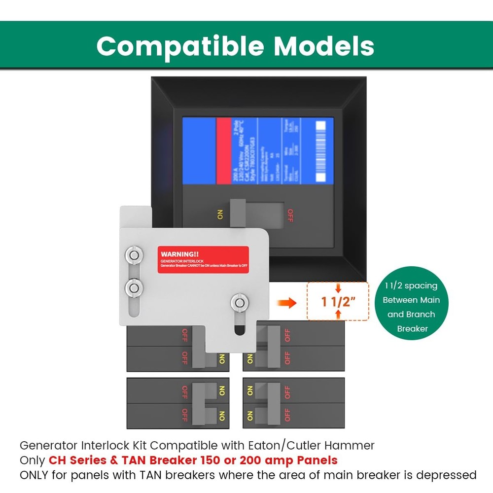 Generator Interlock Kit Compatible with Horizontal Main Cutler Hammer CH Series