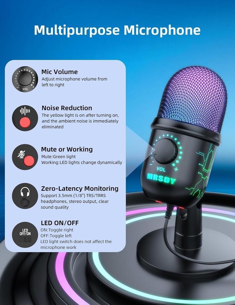 Compact USB RGB Microphone for Gamers & Creators - Easy Mute & Volume Control