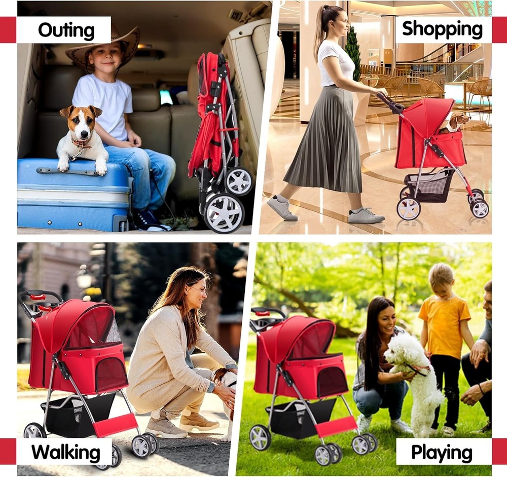 All-Weather Pet Stroller for Small Dogs & Cats - Foldable with Storage & Cups
