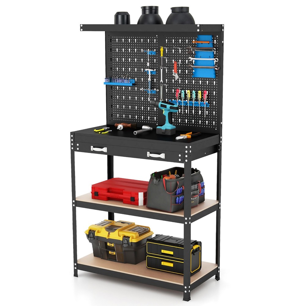 Multi-use Workbench w/ 2 Shelves Heavy-Duty Work Table Tool Storage Bench Black