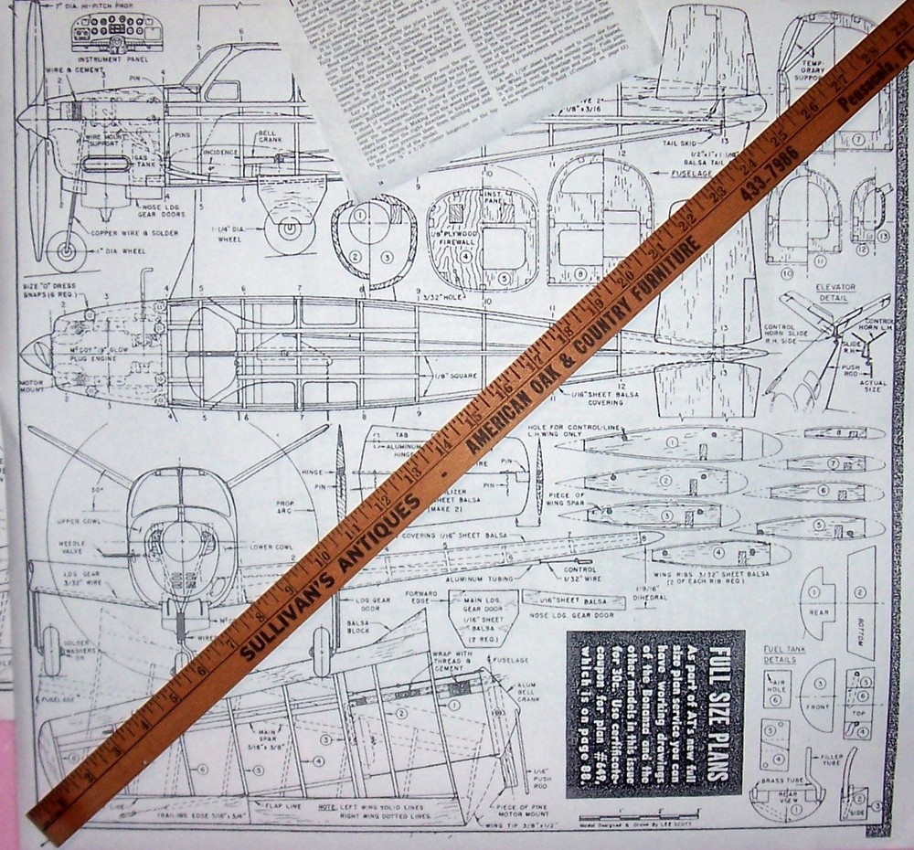 Two Sizes BEECH BONANZA V-TAIL PLANS & CONSTRUCTION ARTICLE for UC Model Planes