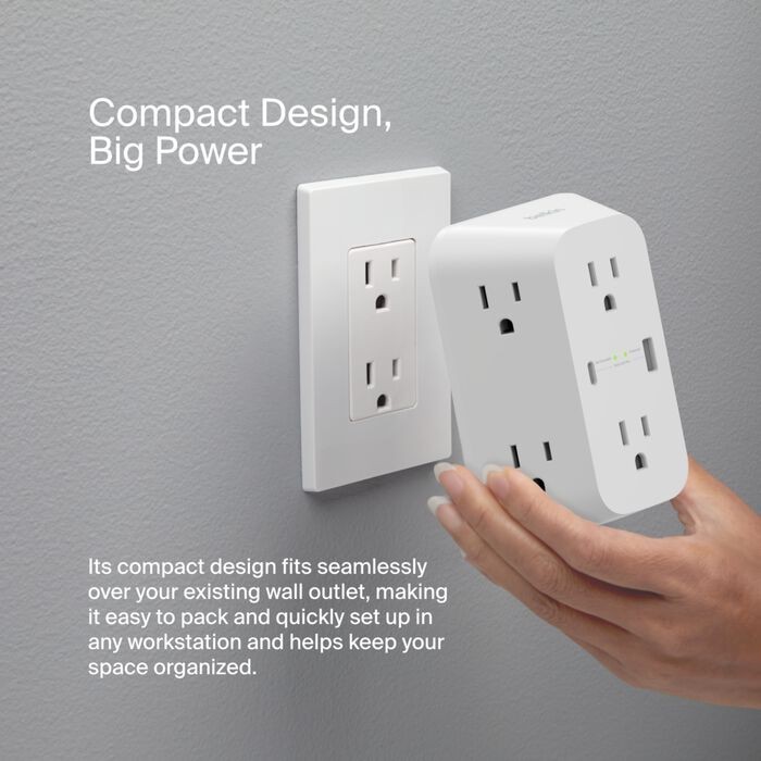 6 Outlet Wall Surge Protector with USB-C and USB-A, White
