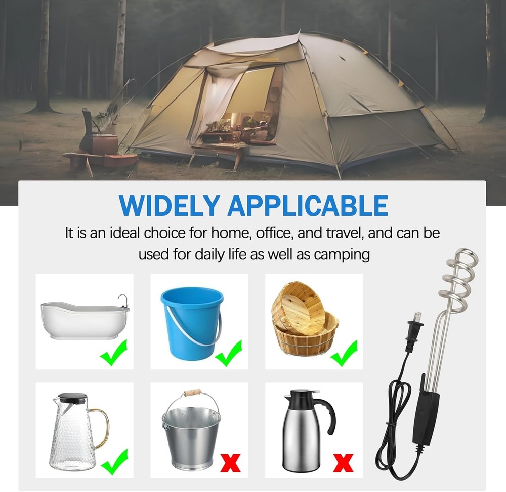 Stainless Steel Immersion Heater/Submersible Water Heater,1000W-110V Portable