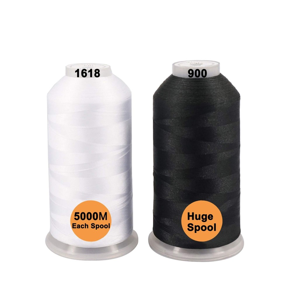 Embroidery Machine Thread, Polyester 5000M, 2 Huge Spools, Black White