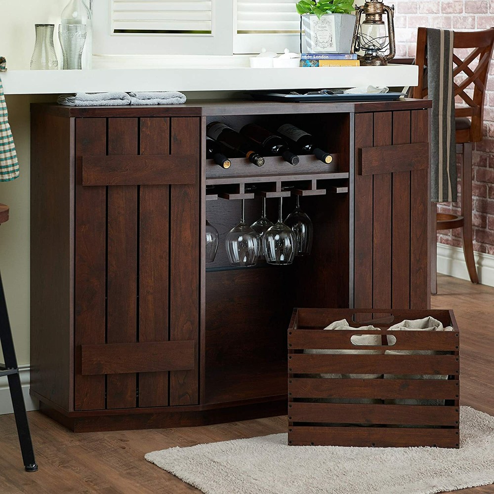Mini Bar Liquor Storage Cabinet Buffet Table Wine Rack Server Walnut Finish New