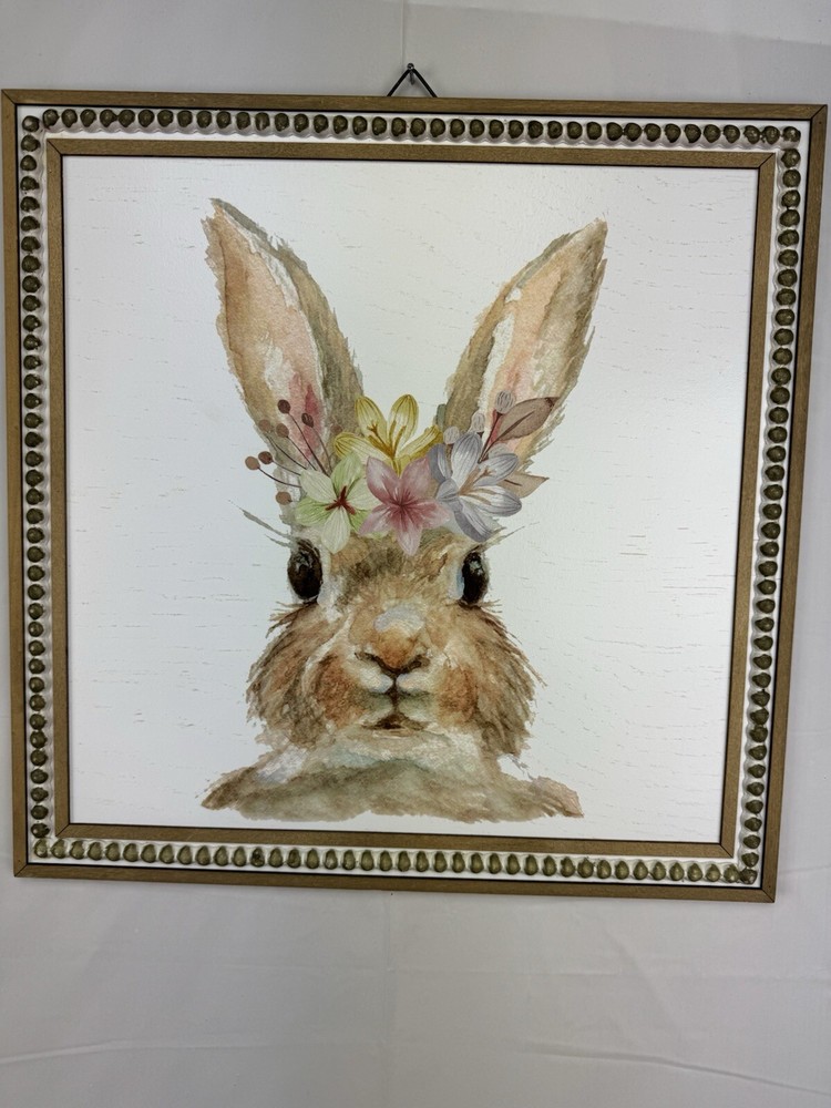 EASTER DECOR RUSTIC CUTE BUNNY FACE LARGE 16 X 16" WOOD FRAME