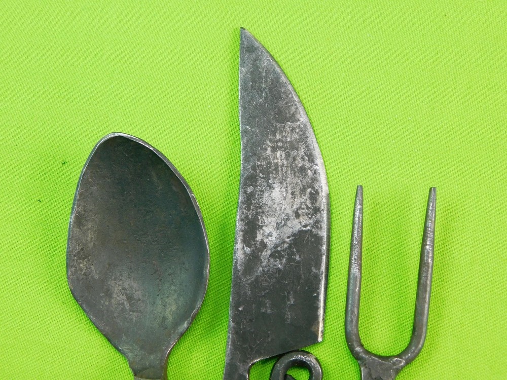 Vintage US Blacksmith Knife Spoon Fork Camp Set w/ Sheath