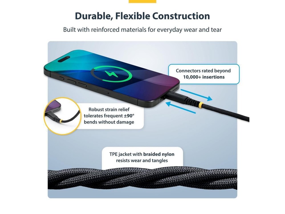 StarTech.com 6ft (1.8m) USB-C Charging Cable, 60W (3A) PD, Dual-Layer Braided Ny