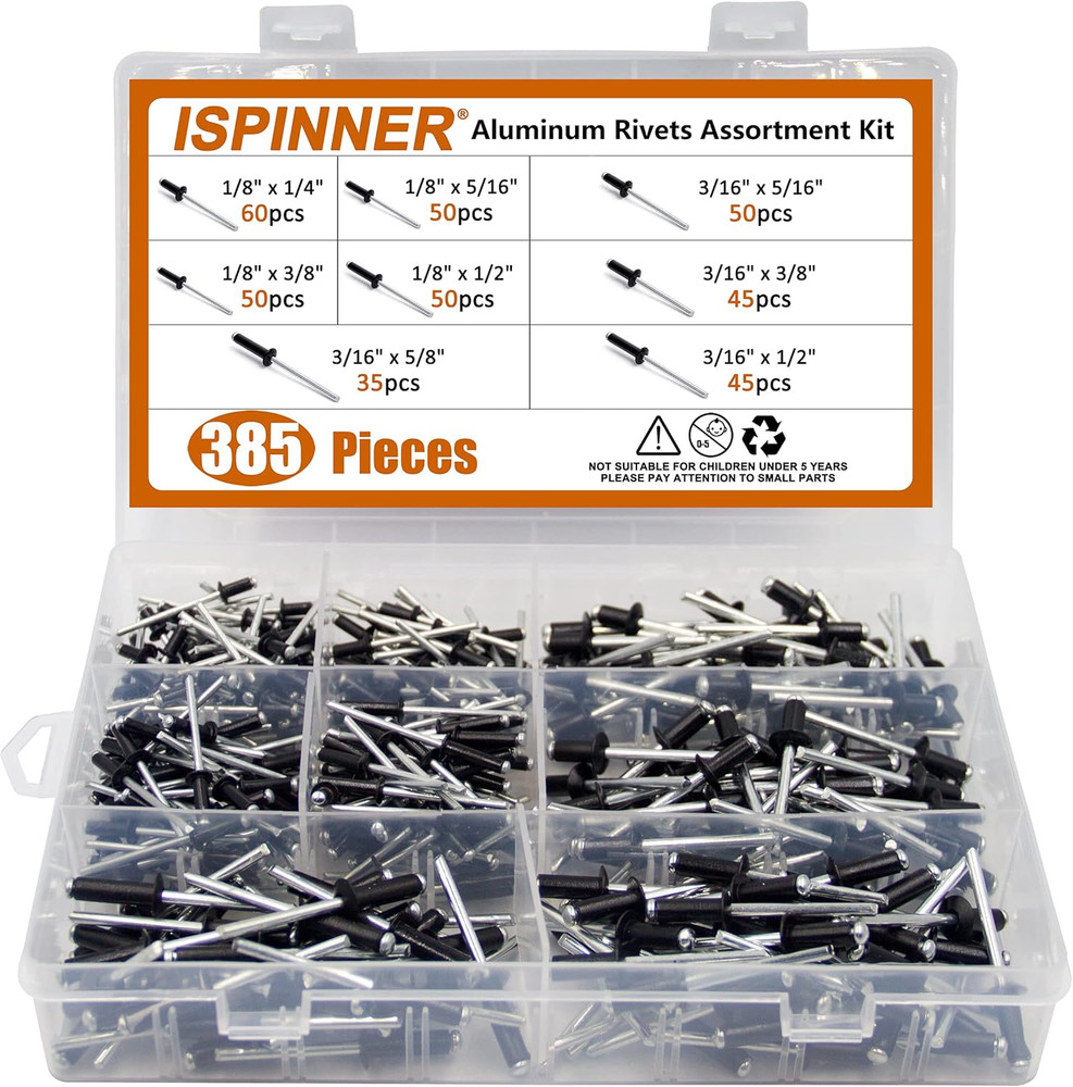 385Pcs 8 Sizes Aluminum Blind Rivets, Pop Rivets Assortment Kit (Black)