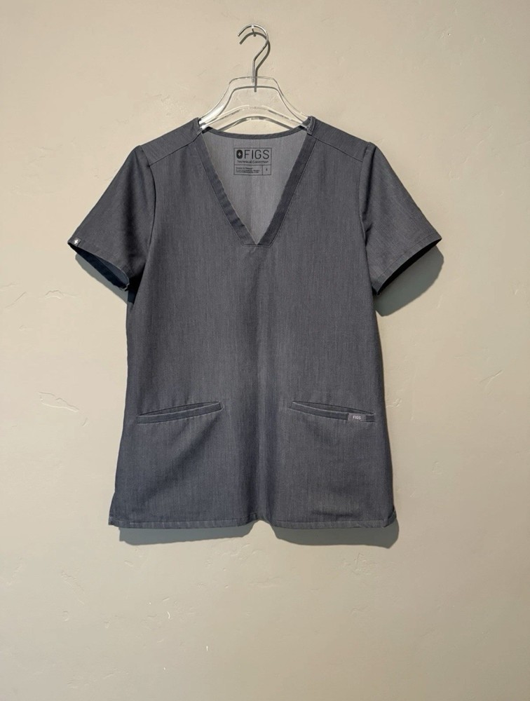FIGS Scrub Top Womens Small Gray Technical Collection V Neck Stretch Pockets