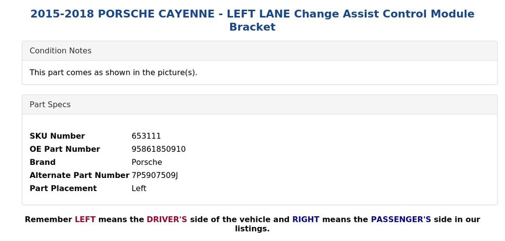 2015-2018 PORSCHE CAYENNE - LEFT LANE Change Assist Control Module Bracket
