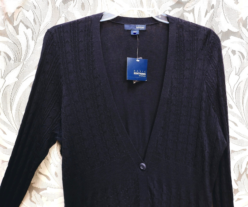 2X BASIC EDITIONS NAVY BUTTON FRONT MIXED KNIT CROCHET PEPLUM CARDIGAN SWEATER