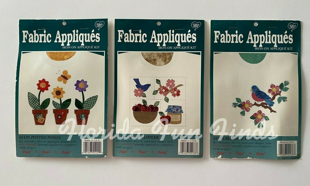 3 Fabric Appliques Iron On Kit Potted Posies Apple Sampler & Blossom Bluebird
