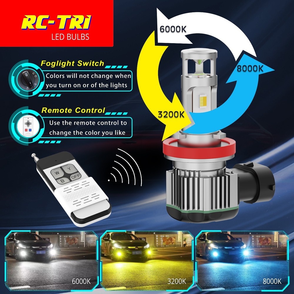 3-Color Switchback LED Fog Light Bulbs,H11 Fog Lamps for Toyota,White Yellow Blu