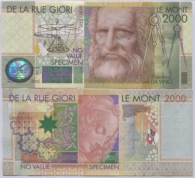 Da La Rue Leonardo Davinci Lemont 2000 SPECIMEN NO S/N TEST NOTE