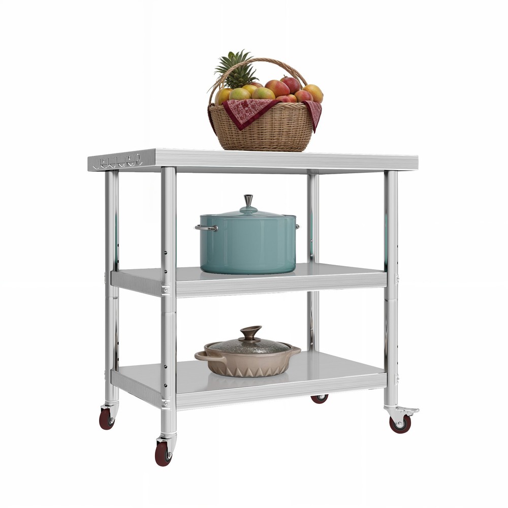 36"x24" Stainless Steel Rolling Work Tables 3-Tier Adjustable Shelf Kitchen Prep