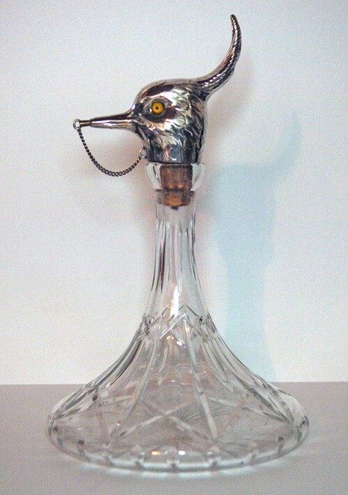 CRYSTAL SHIP'S / CAPTAIN'S DECANTER DECORATIVE PATTERN SILVER BIRD STOPPER