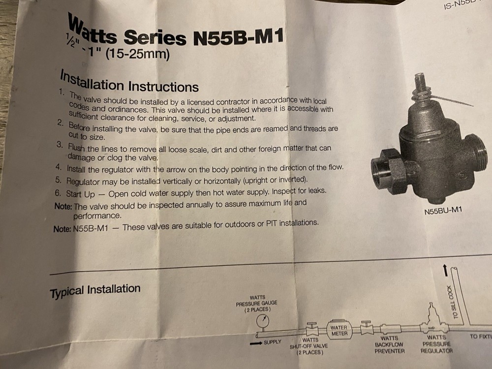 Watts N55B-M1 Water Pressure Reducing Valve 1/2"-1" Series NOS