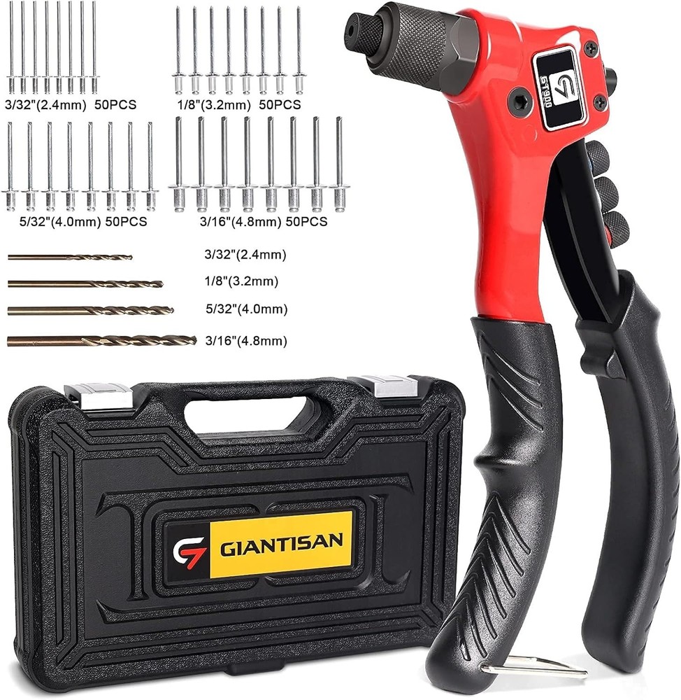 Professional Pop Rivet Tool Kit with Interchangeable Heads & Carrying Case