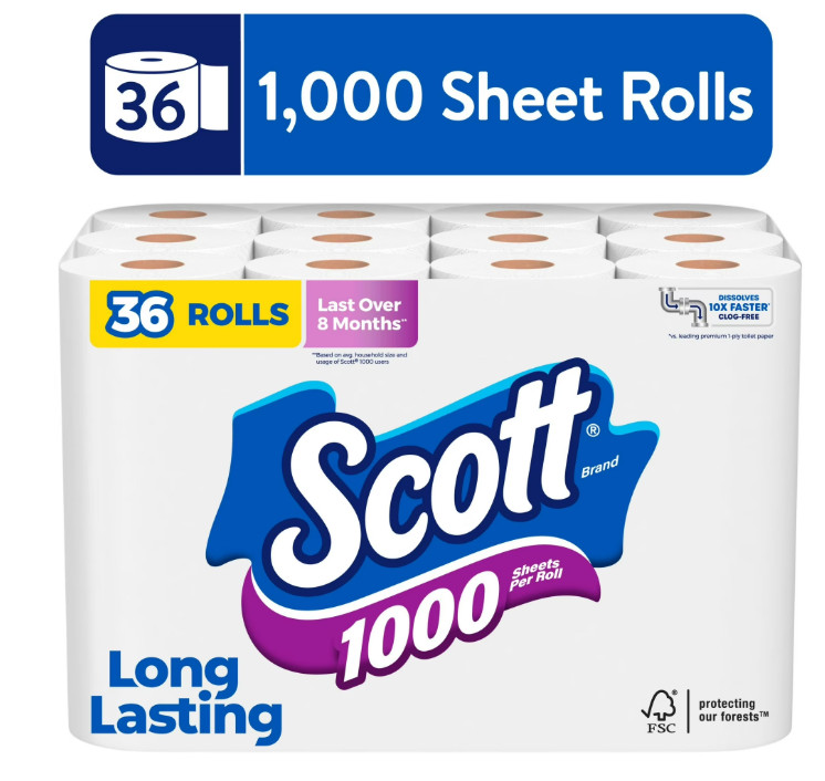 Scott 1000 Toilet Paper, 36 Rolls, 1,000 Sheets per Roll