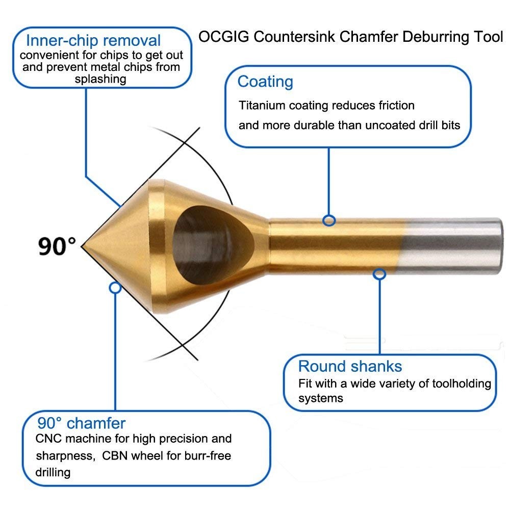 4pcs Titanium Coated Countersink Chamfer Tool Deburring Tool Set Metal Wood D...
