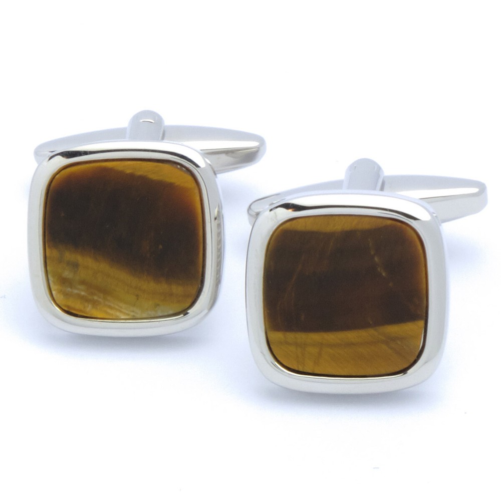 Cufflinks - Square Silver with Tiger Eye Gemstone
