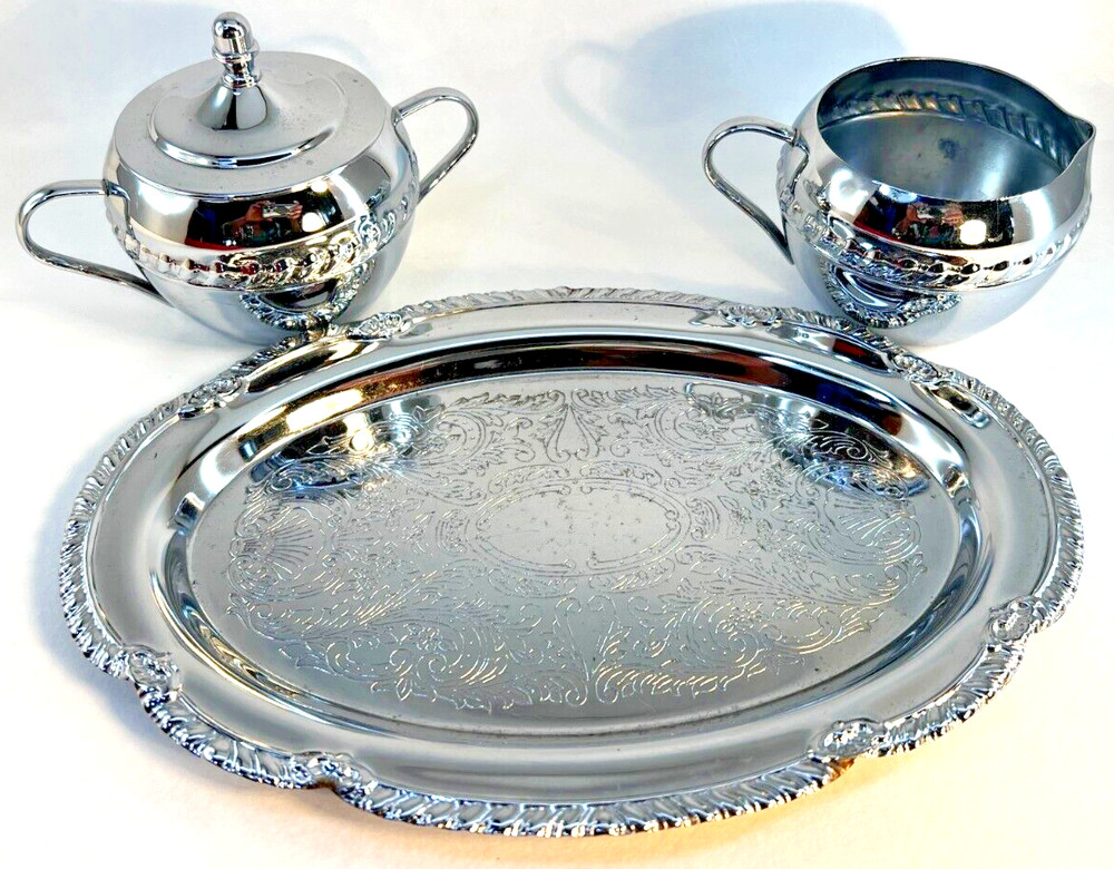 Irvinware Tray With Scrollwork Lidded Sugar Bowl and Creamer