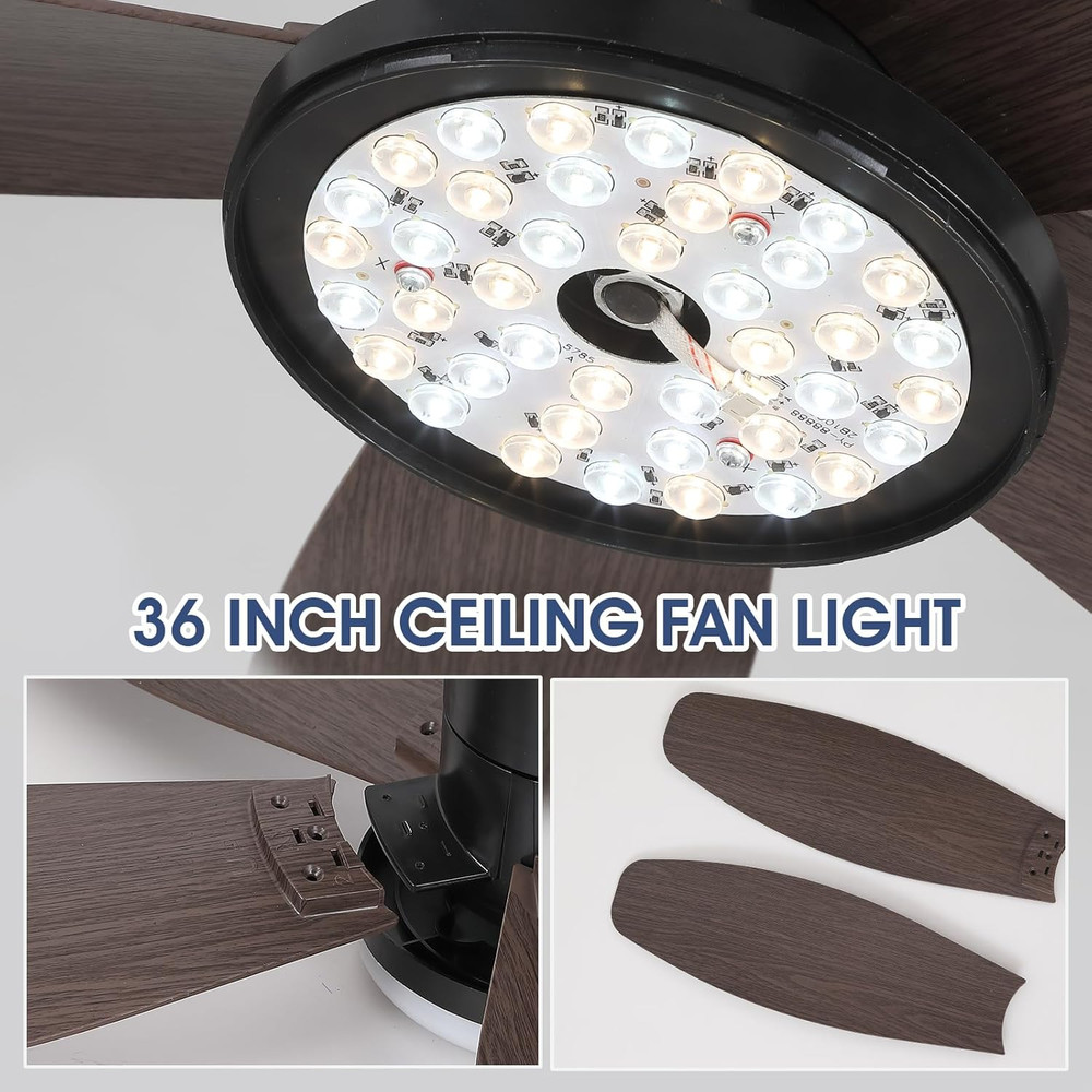 Modern 36" Ceiling Fan with Light & Remote - Low Profile, Dimmable, Brown