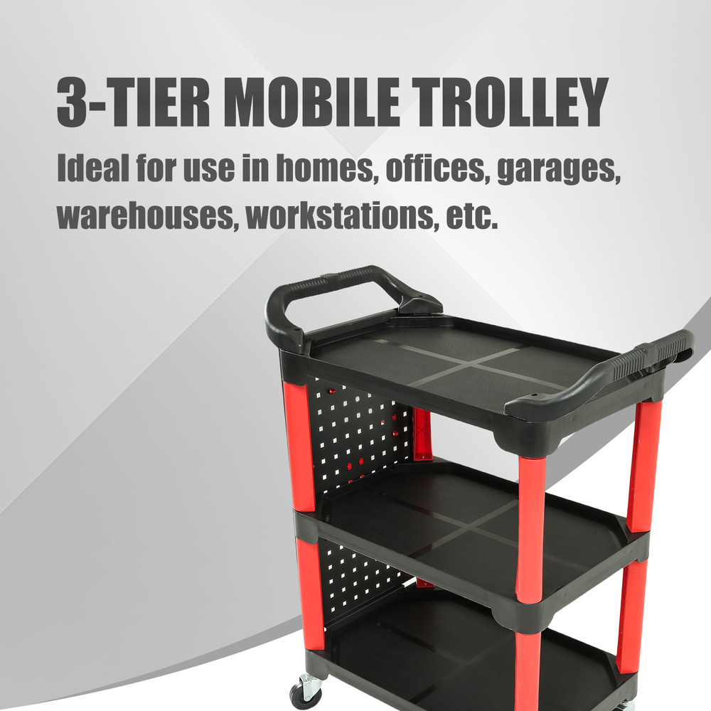 3-Level Composite PP Warehouse Garage Office Rolling Trolley W/Pegboard Handle