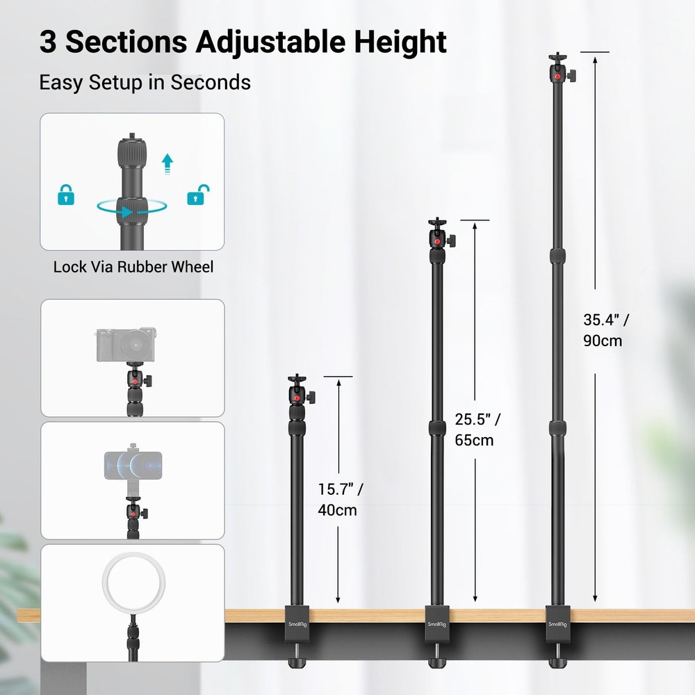 SmallRig Camera Desk Mount Table Stand, Adjustable Light Stand 15"-35", Black