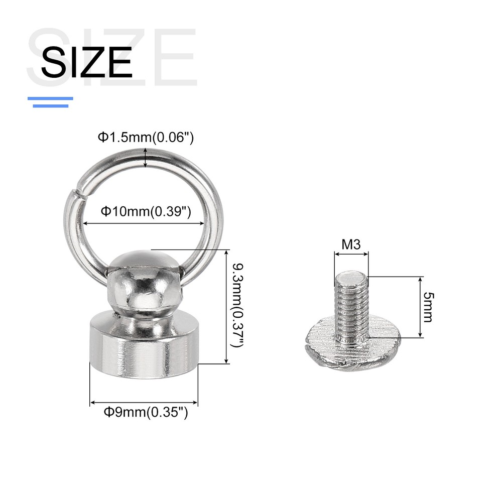 Round Head Pull Ring Rivet Studs 9mm 6Pcs Brass Button Rivets with Screw Silver