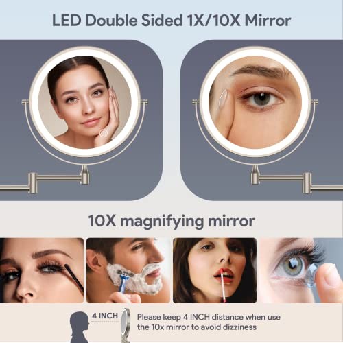 Rechargeable Wall Mounted Lighted Makeup Mirror, 8 Inch Double-Sided Nickel